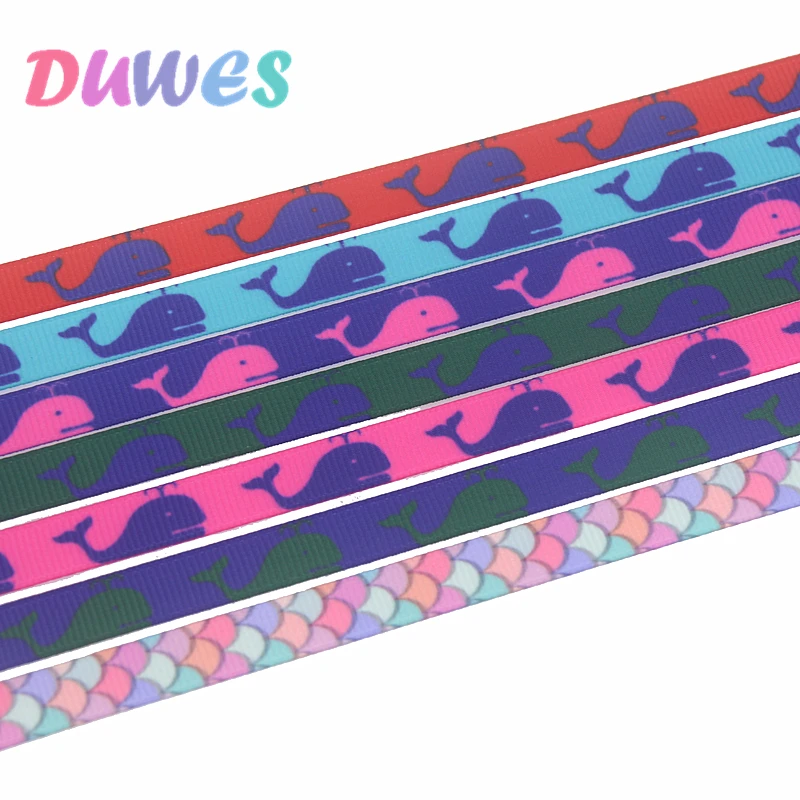 

DUWES 3/8'' 50yards whale fish scales printed grosgrain ribbon Accessory hairbow headwear DIY decoration 9mm D1319