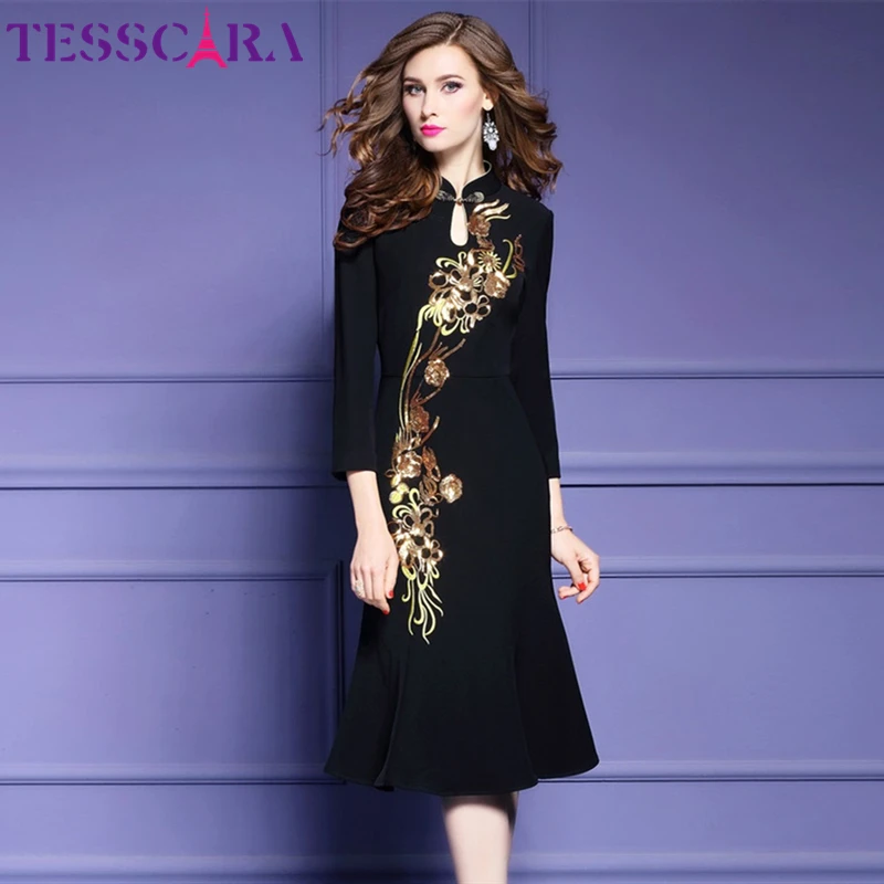Женское платье с блестками TESSCARA винтажное коктейльное в стиле ретро для осени и