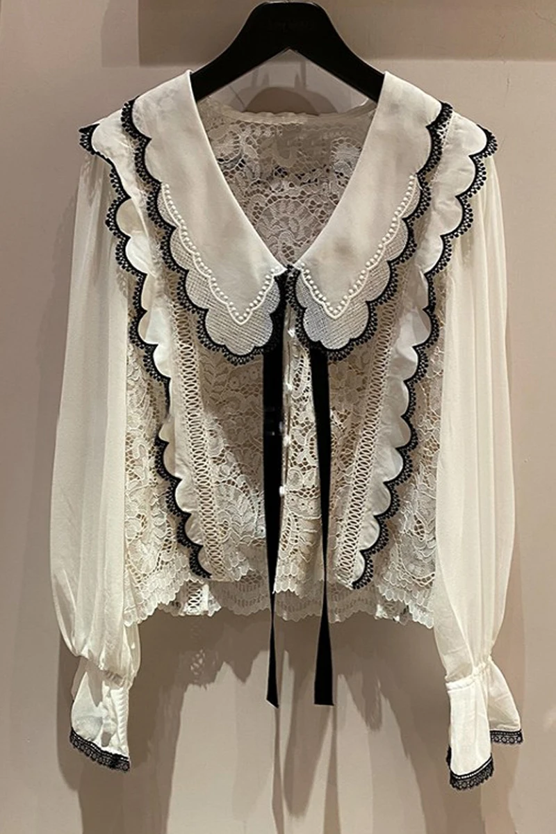 

2021 Spring Summer Fashion Women Blouse Vintage Peter Pan Collar Long Sleeve Lace Harajuku Sweet Korean Blousas Female Clothes