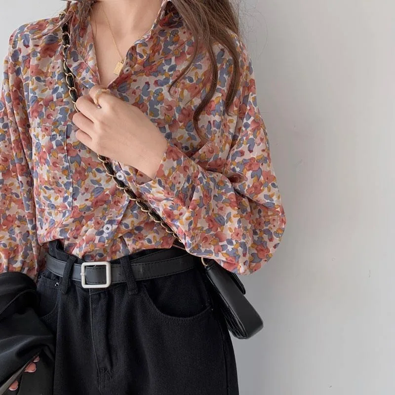 

Floral Shirts Women Full Sleeve Chiffon Korean Style Trendy Elegant Baggy 5XL Plus Size Popular Tender Female Top Spring Autumn