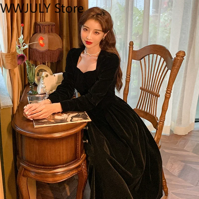 Женское бархатное платье средней длины элегантное черное винтажное для офиса