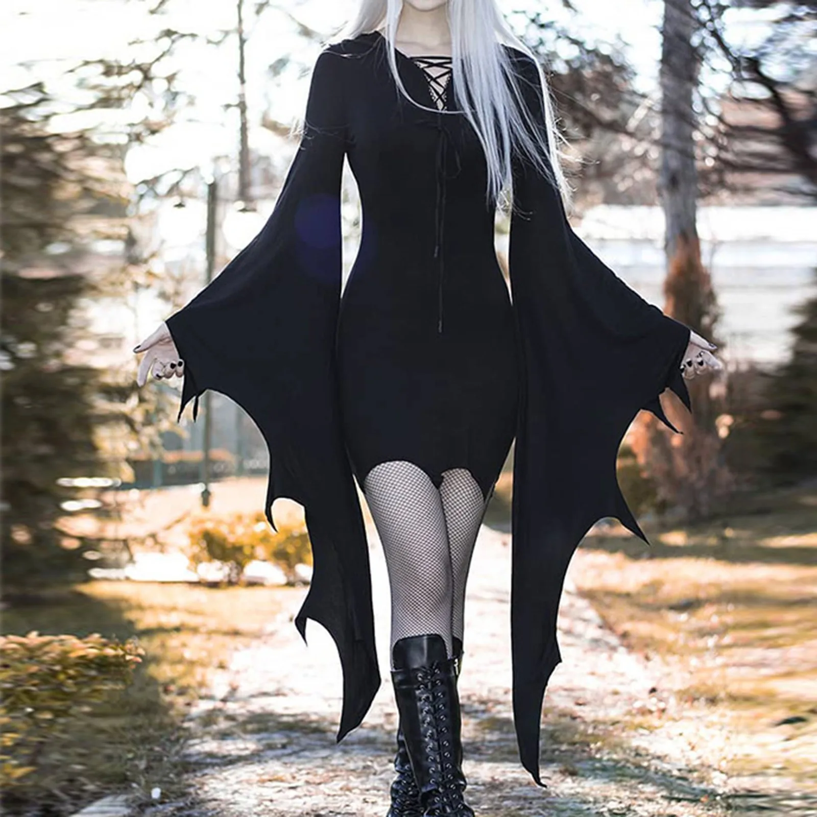 

Women Dresses Gothic Hipster Bandage Collar Batwing Sleeve Solid Black Dress Autumn New Women's High Street Casual Party Clothes