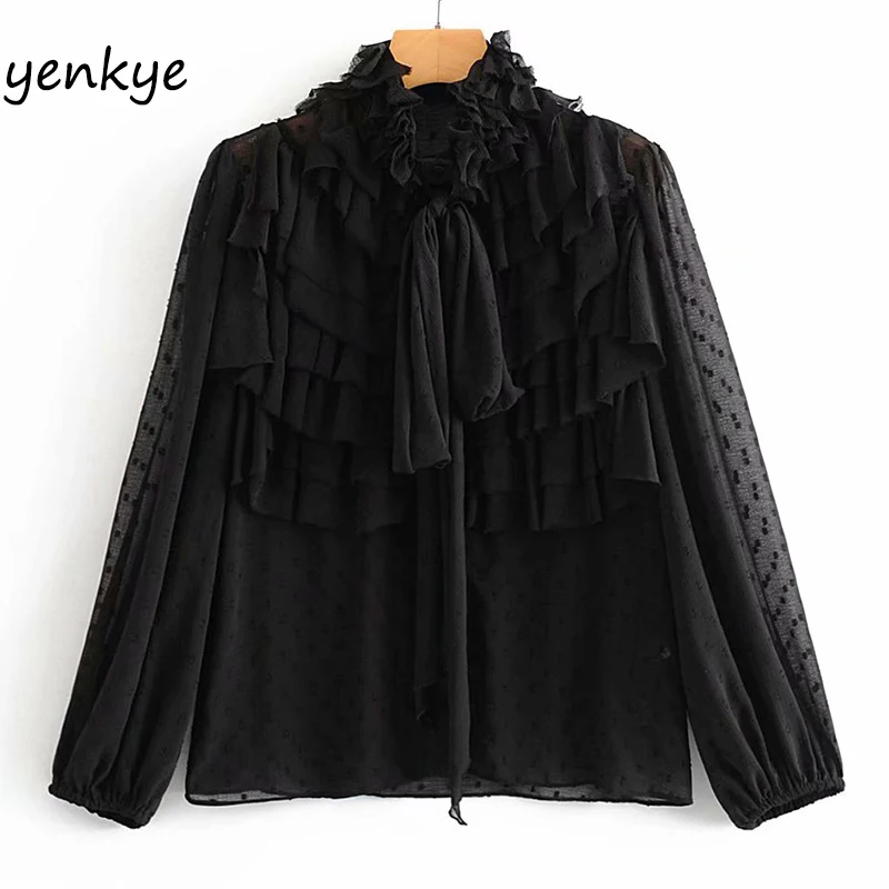 Винтажная черная многослойная блузка в горошек с рюшами женская рубашка длинным