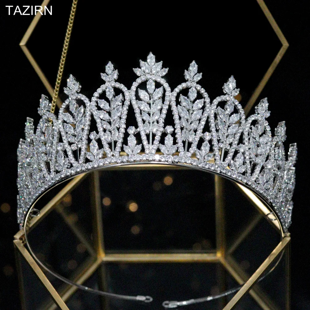2022 New AAA Zirconia Wedding Cowns For Women Shiny Gold CZ Wedding Happy Birthday Tiaras Bride Hair Accessories Headdress