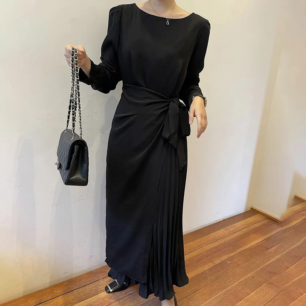 

Elegant Pleated Lady Long Dress High Waist Lace-Up O-neck Office Lady 2021 Autumn SPring A-line Fashion For Women Cloth