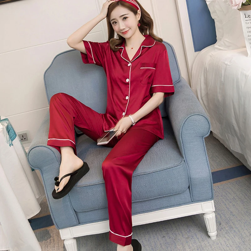 Пижамный комплект Для женщин шелковая футболка с короткими рукавами длинные