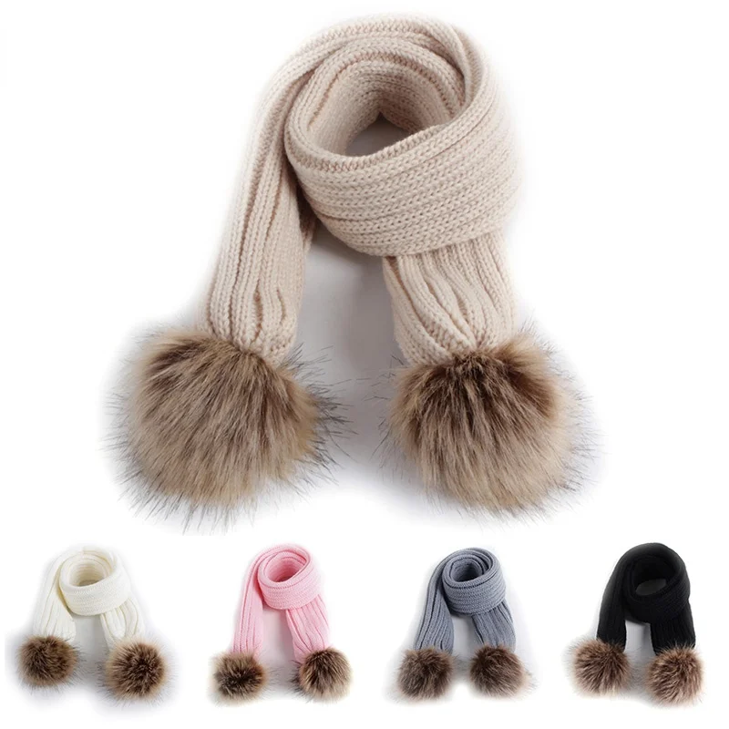 

New Kids Scarf Pompom Winter Warm Children Toddler Scarves Outdoor Solid Color Knitted Baby Girl Boy Scarf