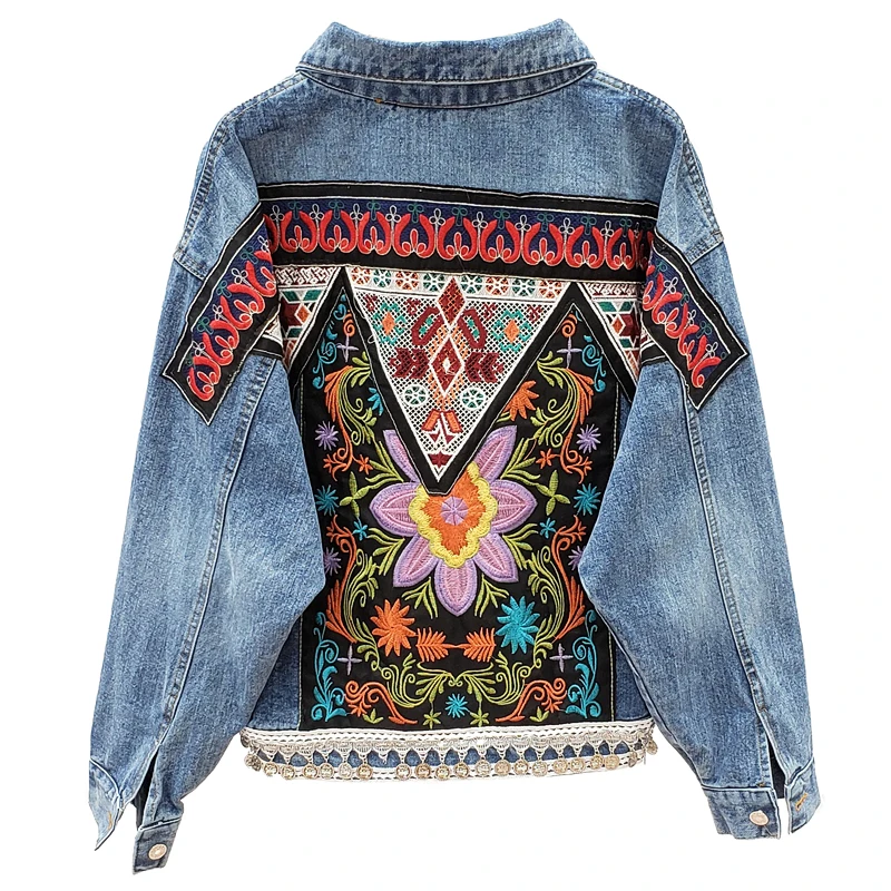 

For Denim Jacket Women Floral Embroidery Bohemian Boho Coat Long Sleeve Outerwear Female Vintage Cowboy Streetwear Jeans Jacket