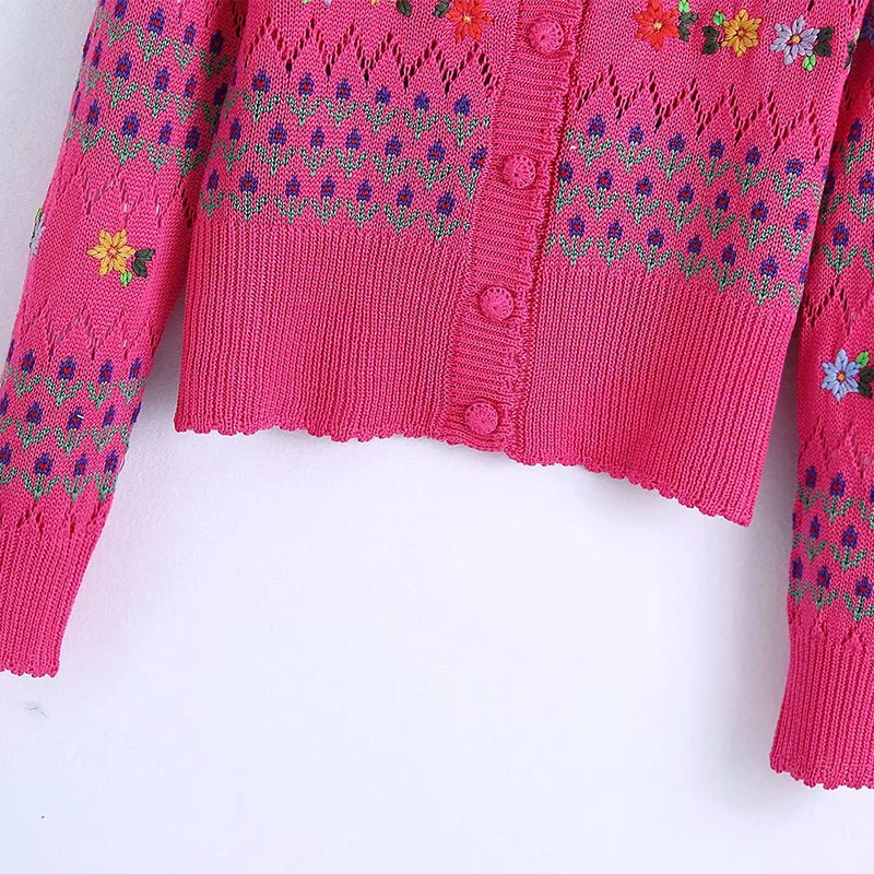 

Women Summer Vintage Knitting Shirts Blouses Tops 2021 ZA Long Sleeve V-Neck Embroidery Female Sweet Elasticity Top Blusas