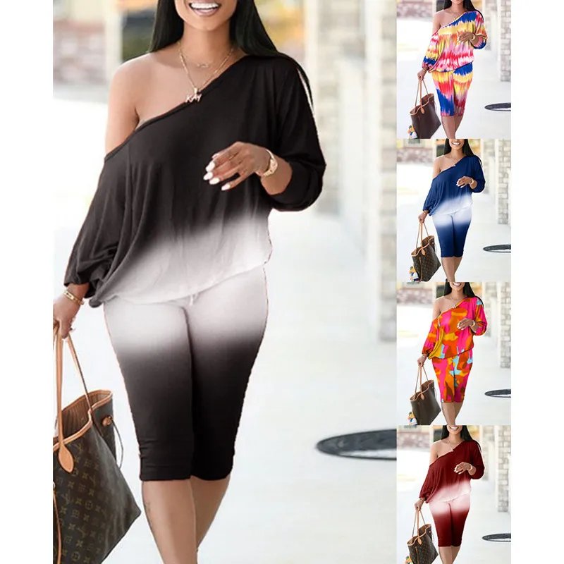 

Summer New Two-Piece Women Casual Loose Gradient Pullover Tshirts And Shorts Set Products Womens Printed Diagonal Shoulder Pant