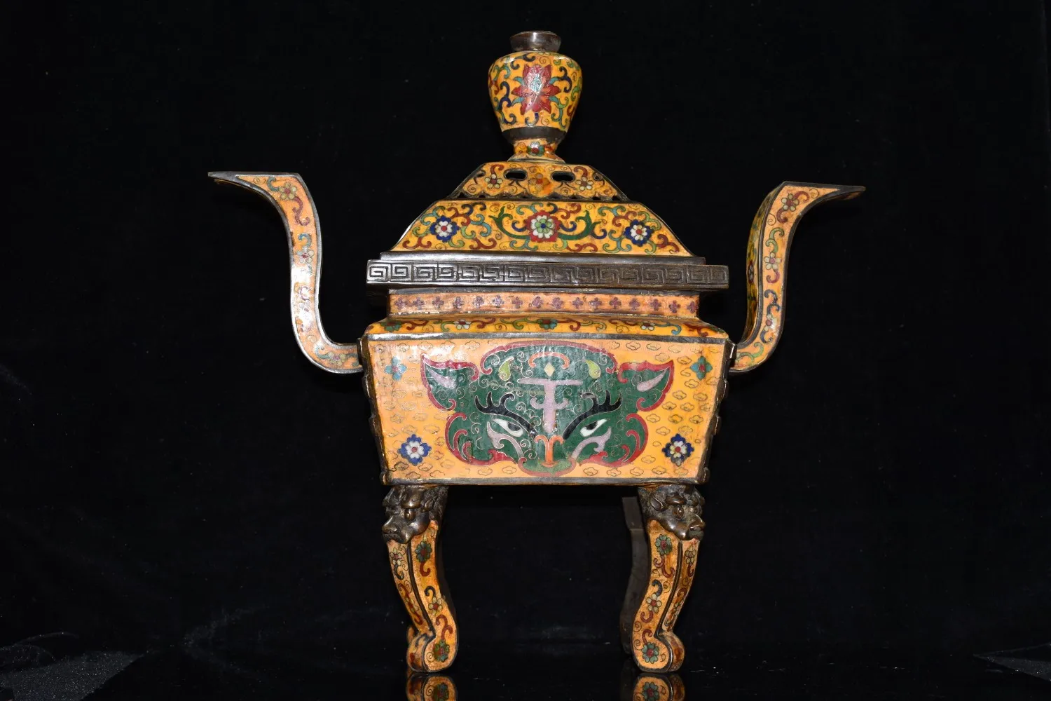 

18"Chinese Folk Collection Old Bronze Cloisonne Enamel Square Binaural Lion head Quadruped incense burner Ornaments Town House
