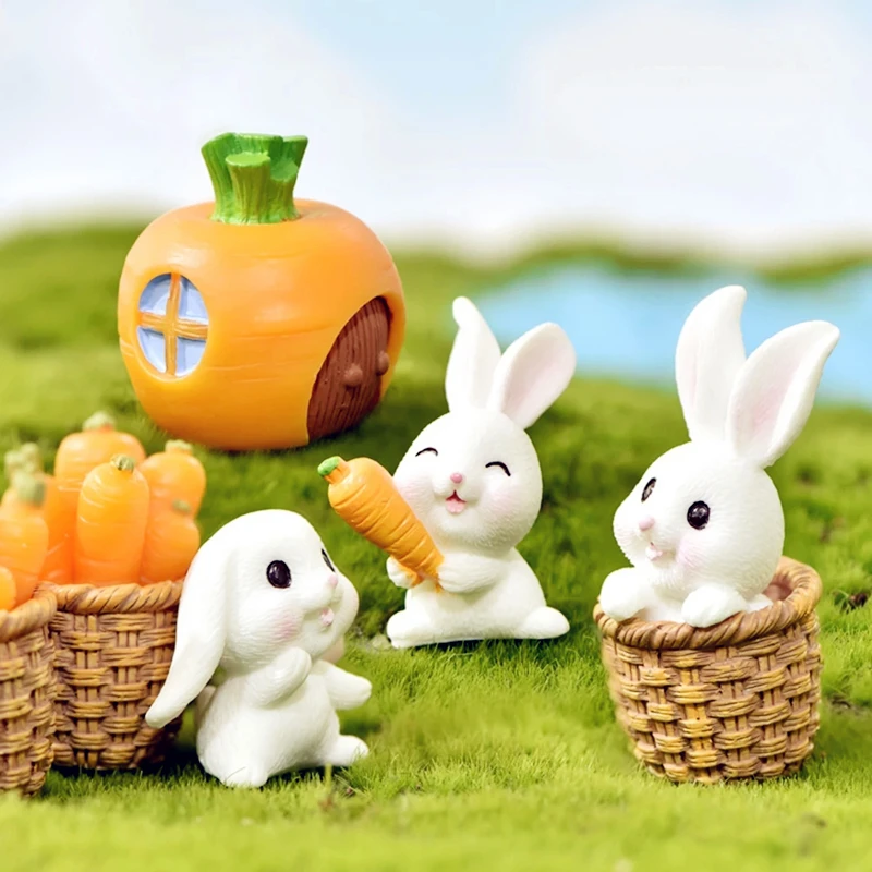 

4pcs Cute Cartoon Rabbit Miniature Carrot Figurines Garden Micro Landscape Craft Smiling Carrot Hare Ornament Home Bonsai Decor