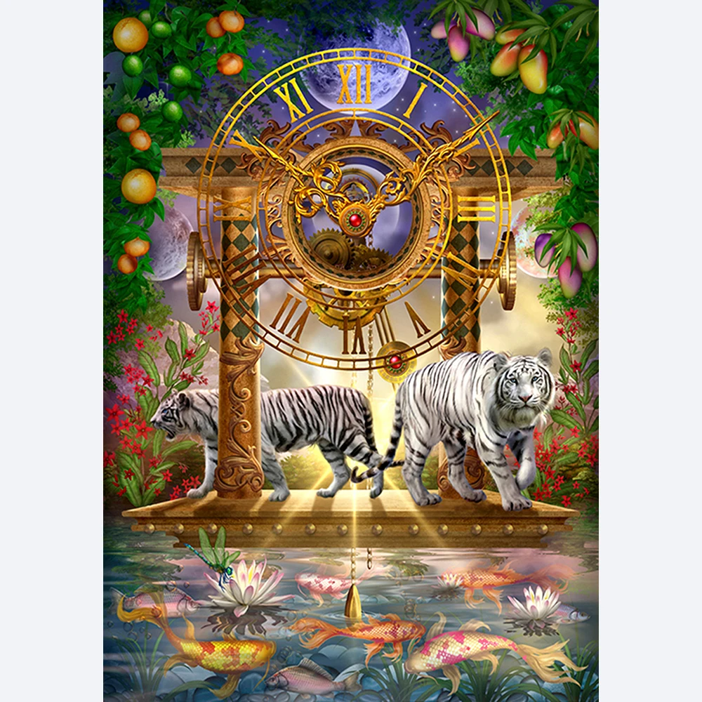 

Two Tigers & Clock DIY Crystal Full Drill Square 5D Diamond Painting Cross Stitch Kit Mosaic Round Rhinestone Home Decor