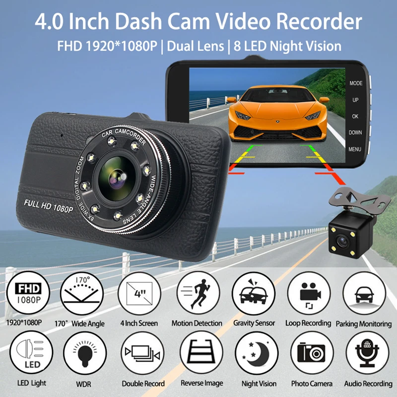 Автомобильный видеорегистратор Vikewe 4 0 дюйма Full HD 1080P регистратор с двумя