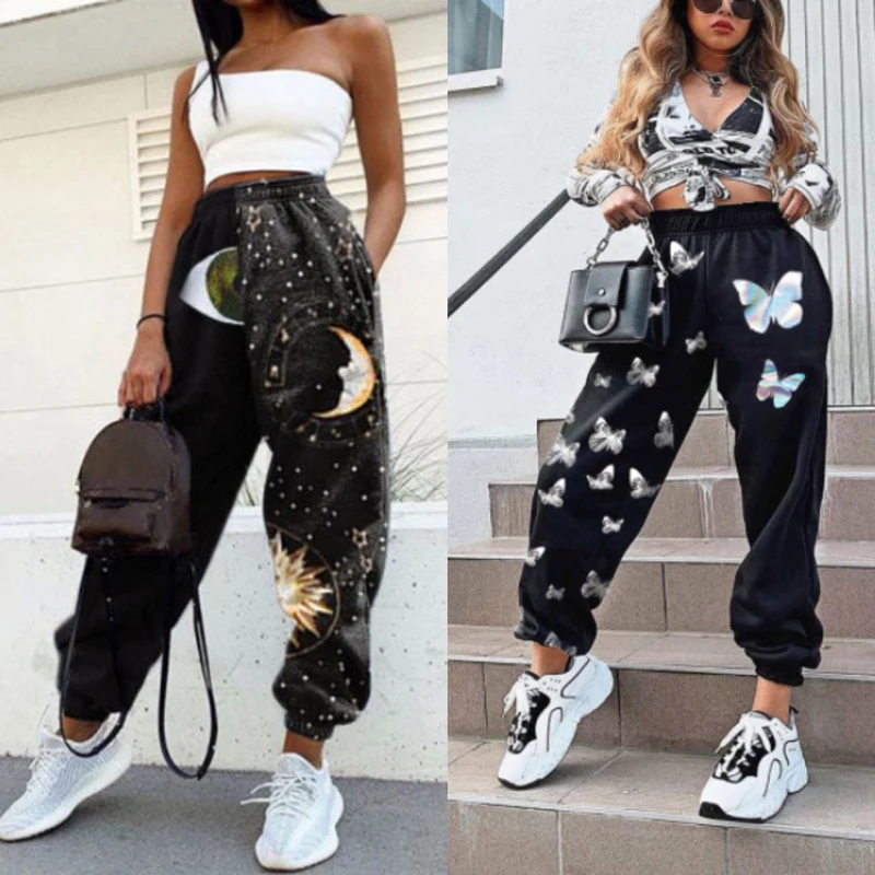 

Women Butterfly Pattern Print Pants Harajuku Joggers Wide Leg Pants Trousers Elastic High Waist Pants Streetwear Casual Pant