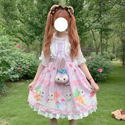 Light purple Kawaii японский Лолита девушка Лолита гриб кролик кружева милое платье без рукавов - Цвет: Light purple