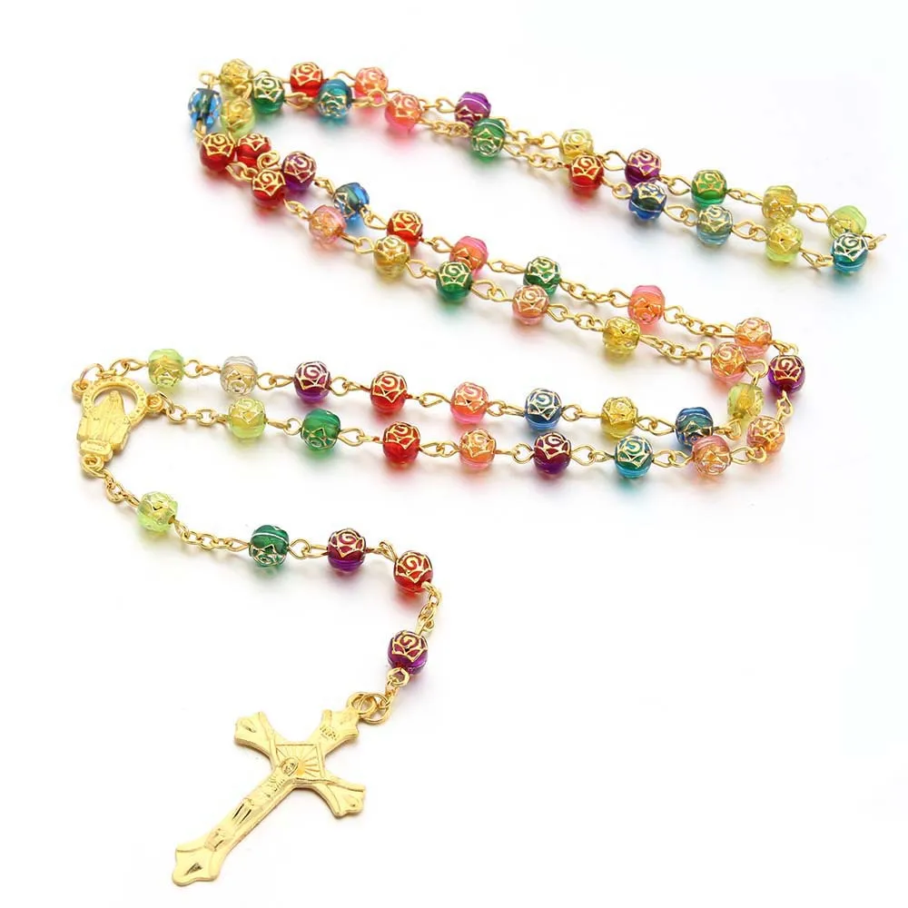 Красочные акриловые бусины в виде роз ожерелье с религиозным крестом