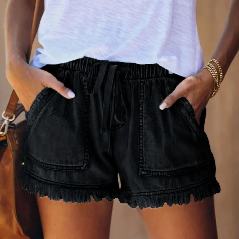 

Woman Denim Shorts Summer High-waist Elastic Lacing Tassels Short Jeans 2021 Summer New Women's Casual Loose Pocket Denim Short