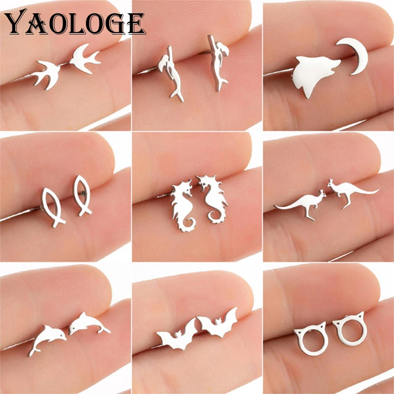 

YAOLOGE 2021 New Fashion Simple Creative Kangaroo Hippocampus Animal Small Stud Earrings Ladies Jewelry Gifts Wholesale