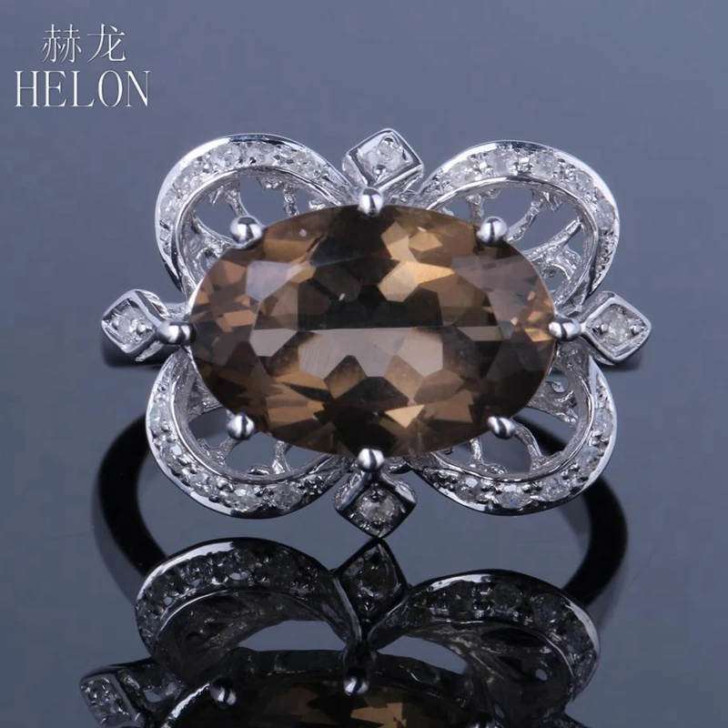 

HELON однотонное 10K Белое Золото овальной формы 100% карат натуральный Смоки кварцевый топаз и настоящие бриллианты обручальное женское кольцо ...