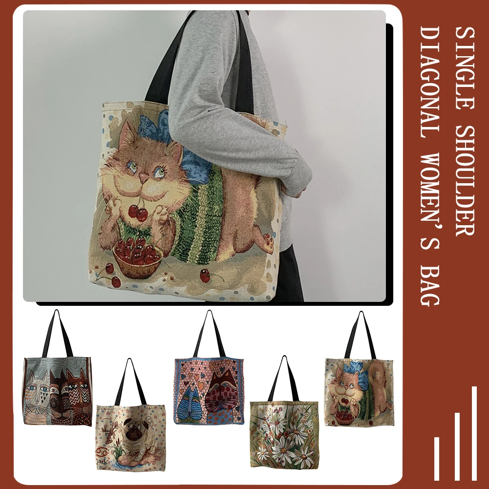 

Большая холщовая сумка-шоппер с мультяшным принтом кота, 42*45 см