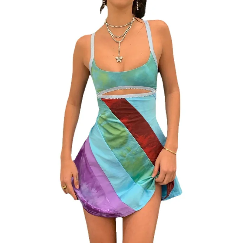 

LORDLDS Party Club Dress Patchwork Stripe Clothing Women Summer Street Style Hollow Out Spaghetti Strap Mini Y2K Dresses