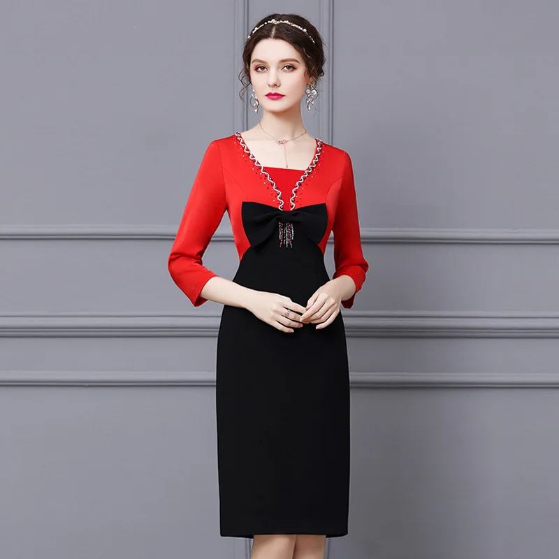 

2021 Office Women's Clothing Reception Gorgeous Party Dress New Superior Quality Spring Beaded Dress Bowknot Drill Slim Dresses