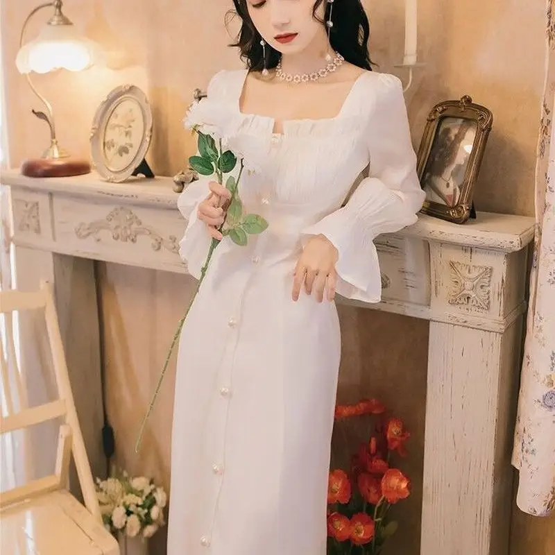 

Elegant Fairy Dress Women French Vintage Retro Party Midi Dress Long Sleeve Ruffles Sweet Chic White Dress Autumn 2020 Woman