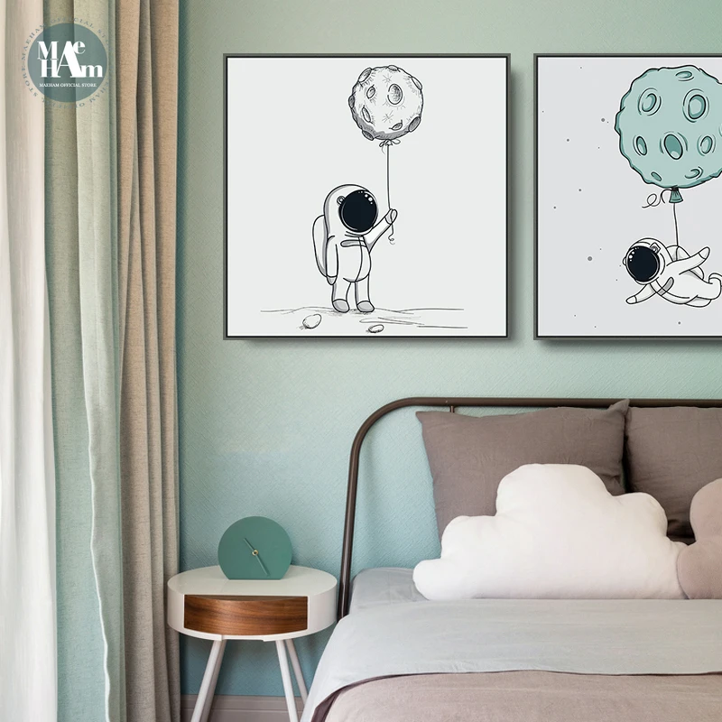 Cartoon rocket Astronauts Nursery Wall Picture Poster Print Boy bedroom Modern Canvas Painting Kids Children Wall Art Mural