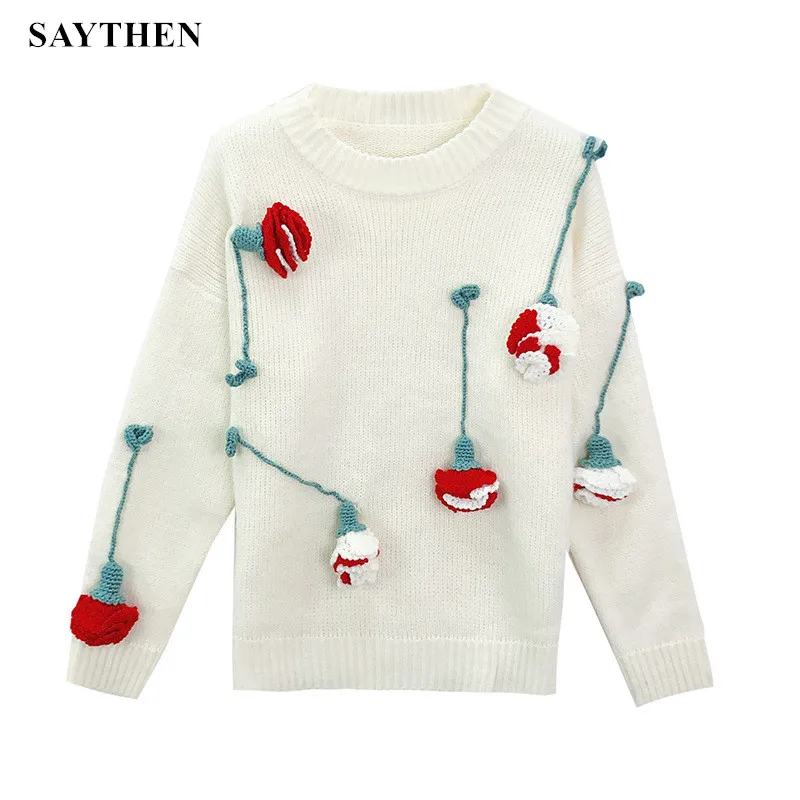 

SAYTHEN Autumn And Winter Gentle Wind Japanese Age Reduction Sweet Three-Dimensional Flowers Round Neck Women's Jacket Sweater