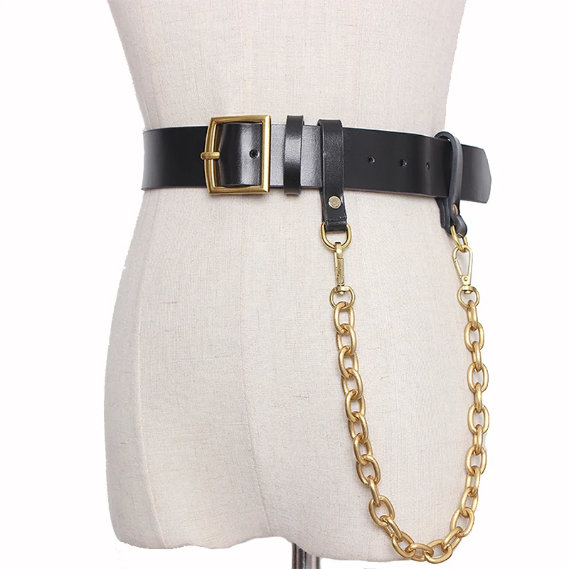 2020 New Gold Color Metal Chain With Belt Fashion Leather Belts For Women Punk Chain Belt Unisex Waistband Black Wide Belt Dress