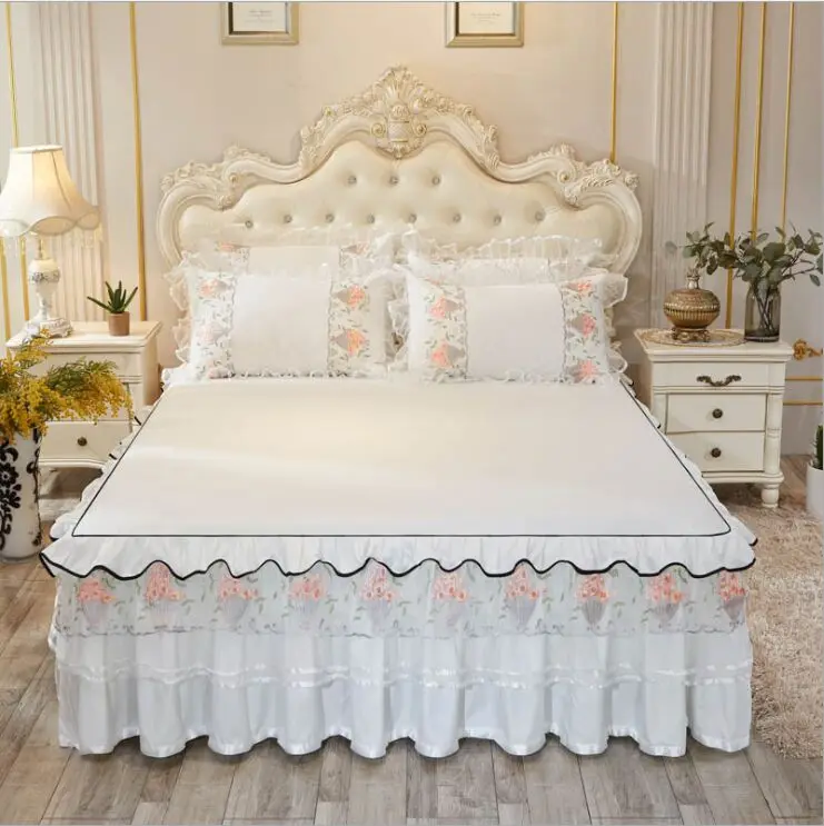 

3pc Queen King Size Bed Sheet Pink Lace Bed Skirt for Girls Double Princess Bed Cover for Bedroom Non-slip Bed Fitted sheet