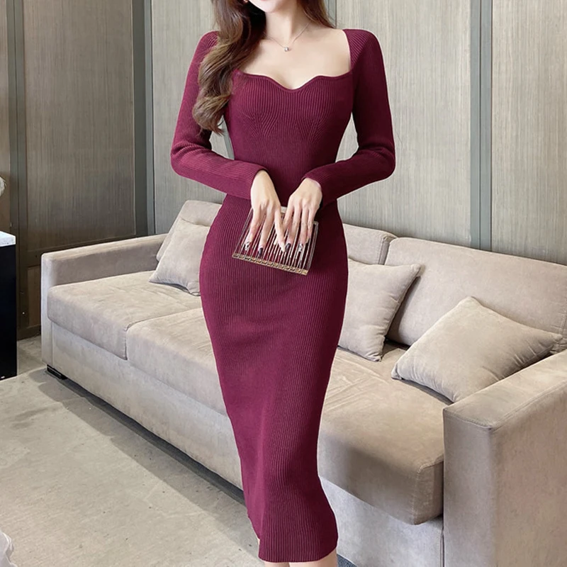 

Винтажное облегающее трикотажное платье-миди Limiguyue, женские сексуальные элегантные платья с квадратным вырезом и длинным рукавом, корейски...