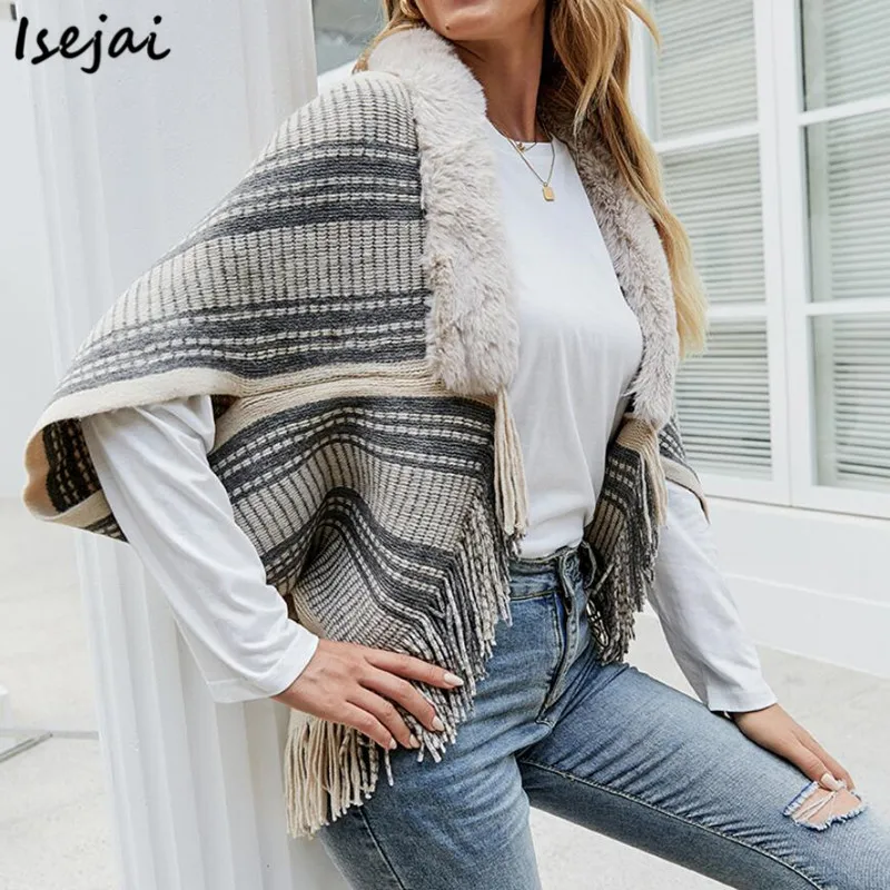 

Fur Collar Coat Shawl Cloak Fringed Cardigan Women Ponchos and Capes Autumn Winter