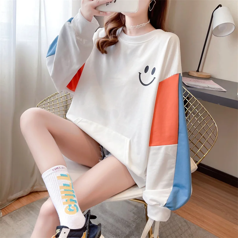 

2021 New Women's Thin Long Sleeve Smile Print Pullover Casual Korean Loose Tops Spring Autumn Sweatshirt with Pocket Sports Wear