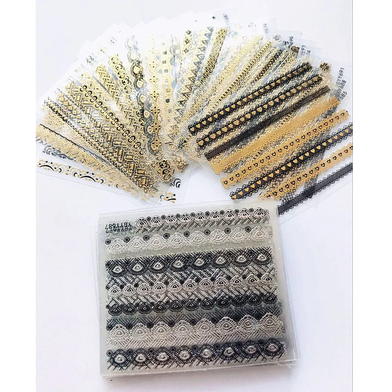 

24PCS/SET Black Series Nail Stickers Strips/Heart/Flower Patterns Adhesive Transfer Decals Sticker Nail Art Manicure Decorations