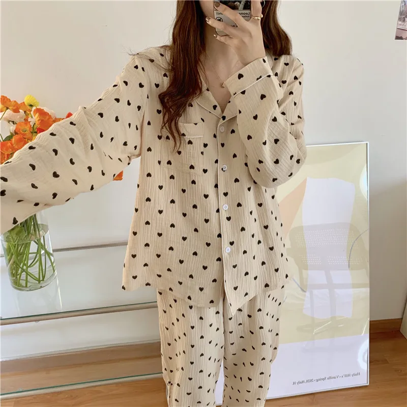 women home suit cotton pajamas set autumn winter sleepwear long sleeve shirts pants pyjamas comfortable cute love heart
