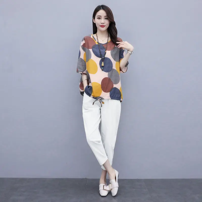 

Summer Female 2021 New Women Printed Cotton and Linen Two-piece Suit Casual Set Vintage Short Sleeve Top Harem Pants Suits Y764