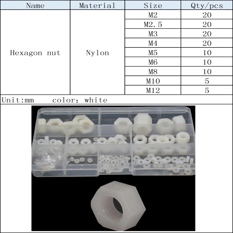 Белый нейлон Шестигранная гайка Ассортимент Комплект Коробка образца M2 M2.5 M3 M4 m5 m6