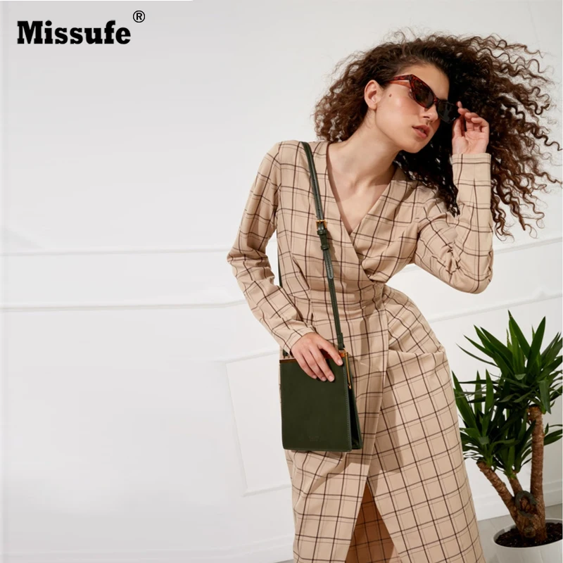 Missufe женское клетчатое облегающее платье 2019 осень-зима с v-образным вырезом и