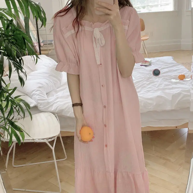 

QWEEK Cotton Night Dress Women Pink Nightgowns Negligee Korean Summer Autumn Short Sleeve Nightwear Soft Princess Negligee Korea