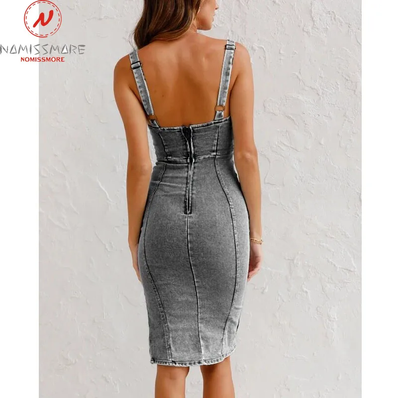 

Sexy Women Summer Solid Color Denim Dress Split Design Zipper Decor Sling Sleeveless Backless V-Neck High Waist Slim Hips Dress