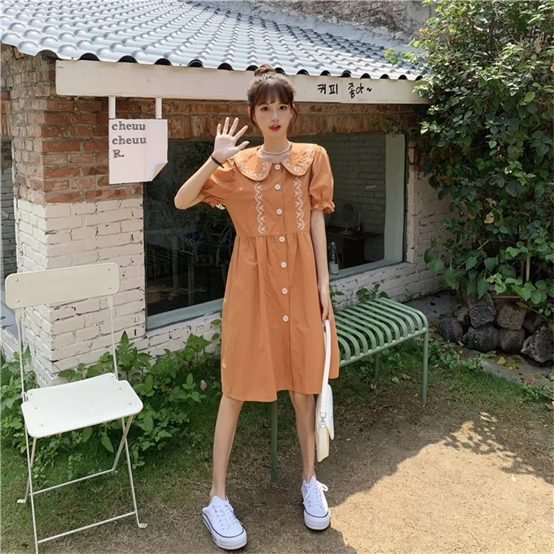 

Korean Sweety Girly Style First Love Dress Kawaii Peter Pan Collar Puff Sleeve Embroidery Single-breasted Elegant Mini Dresses