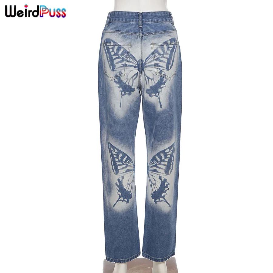 

Weird Puss Butterfly Print Straight Jeans Women Y2K Chic Fashion High Waist Pants Streetwear Casual Cotton Wide Denim Trousers