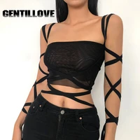 fashion gothic women black mesh lace up bandage crop top y2k sexy clothing fairy grunge aesthetic high street party club outwear