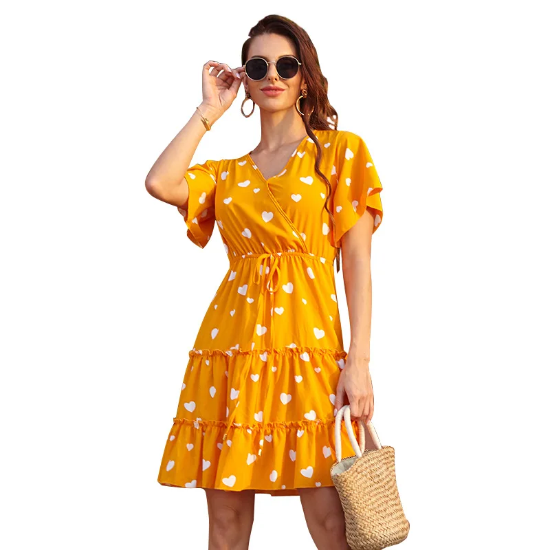 

2021 New Short Sleeve Floral Dress Women Casual High Waist Sexy V Neck Print Dress For Woman Summer Knee Length Dress