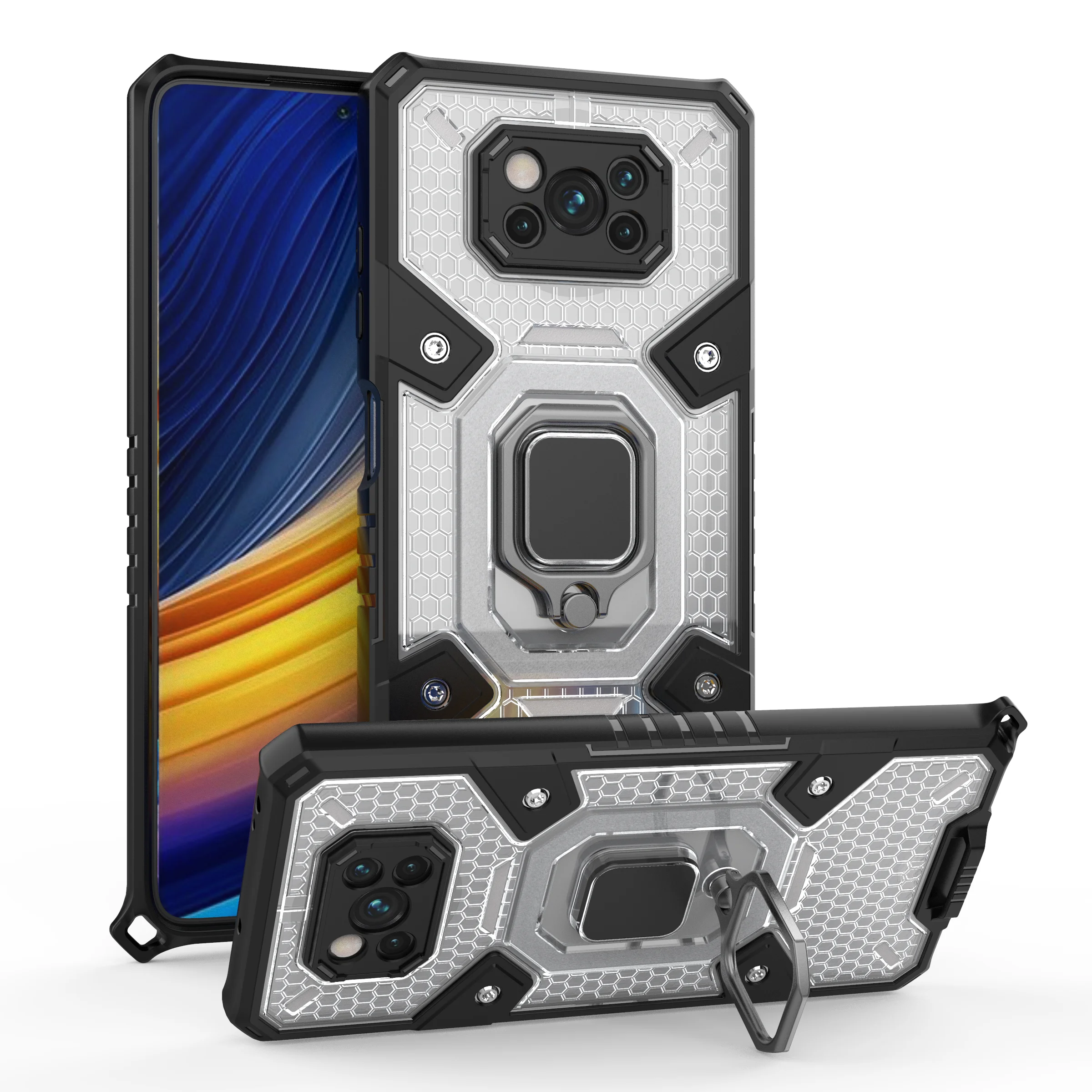 

Luxury shockproof Armor With Ring Bracket Transparent honeycomb Phone Case For Xiaomi Poco F3 X3 GT M3 Pro 5G NFC TPU Back Cover