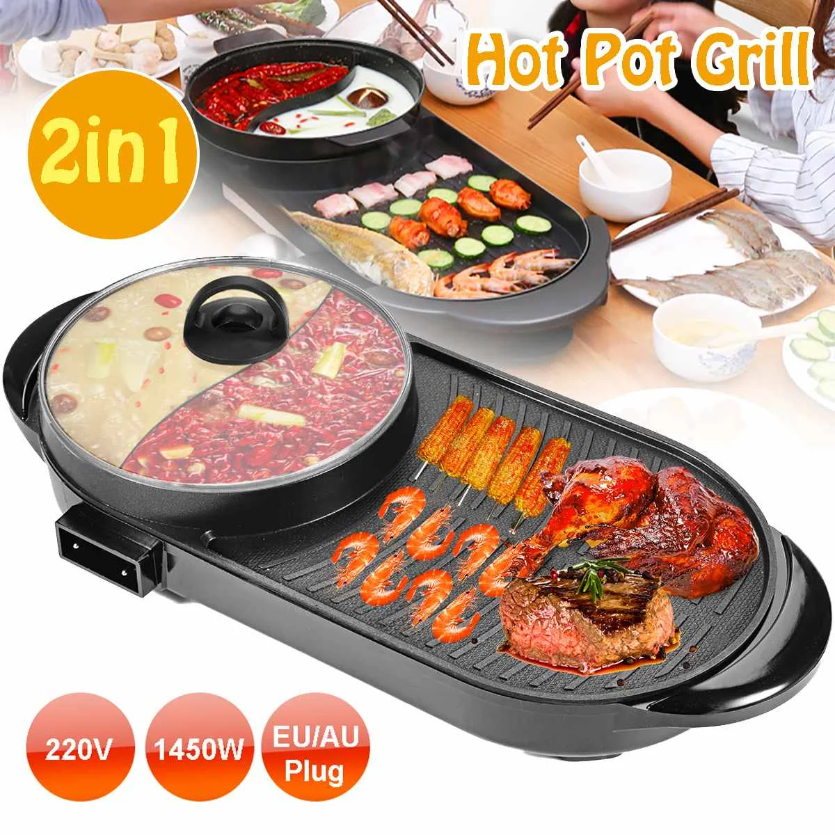 

2 In 1 2000W Electric Grill Hot Pot Barbecue Multifunction Buffet Hot Pot BBQ Griddle for Family Friends Gatherings Party