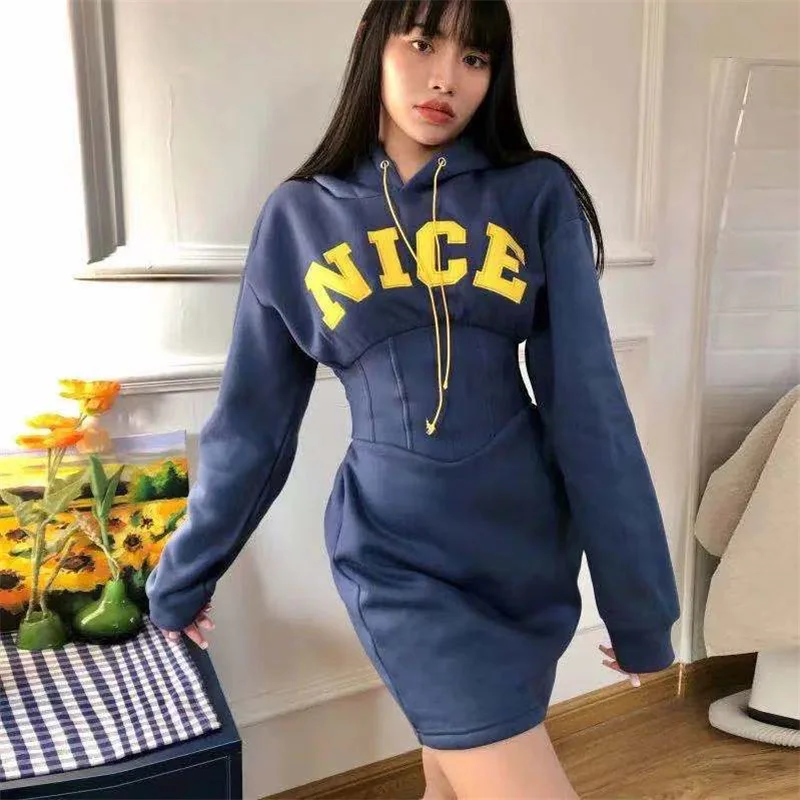 

2021 autumn and winter new hooded lace-up waist slimming dress women's fashion all-match printing plus velvet casual dress