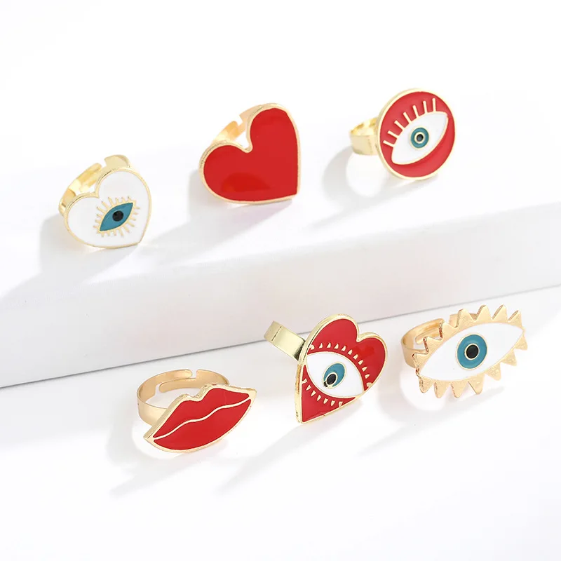 

2019 New Adjustable Gold Red Heart Evil Eye Fashion Rings for women female vintage popular cute evil eye love heart gold ring